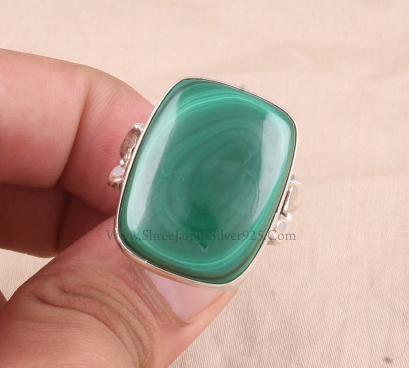 Natürlicher Malachit-Längs-Kissen-Edelstein-Ring, 925 Sterlingsilber-Ring-Designer-Handgemachter Großer Stein-Silber-Ring Feind von ShreeJaipurSilver925