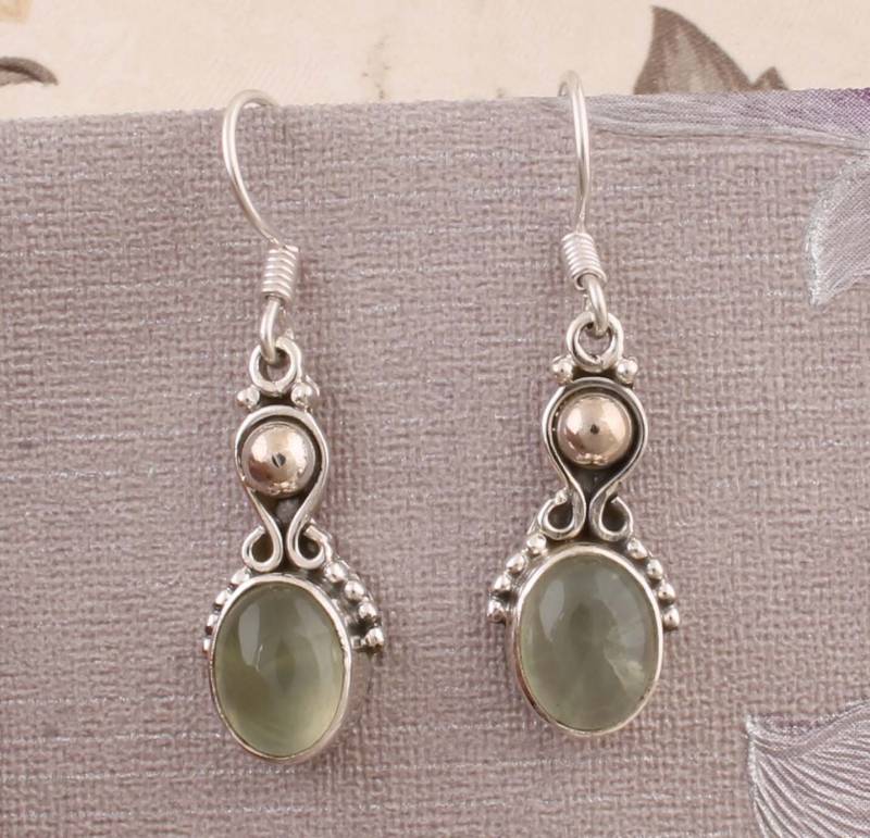 Prehnit Edelstein Ohrringe Sterling Silber Oval Boho Ohrringe von ShreeJaipurSilver925