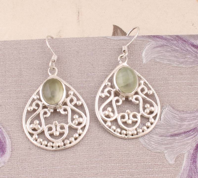 Prehnit Edelstein Ohrringe Sterling Silber Teardrop Boho Ohrringe von ShreeJaipurSilver925