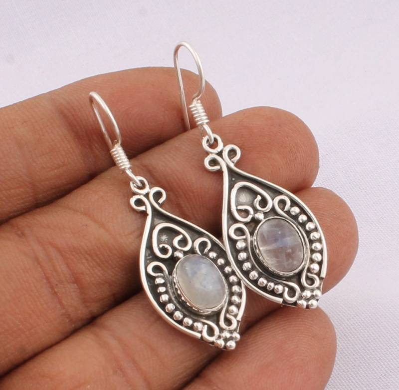 Regenbogen Mondstein 925 Sterling Silber Ohrringe - Handgefertigter Boho Schmuck von ShreeJaipurSilver925