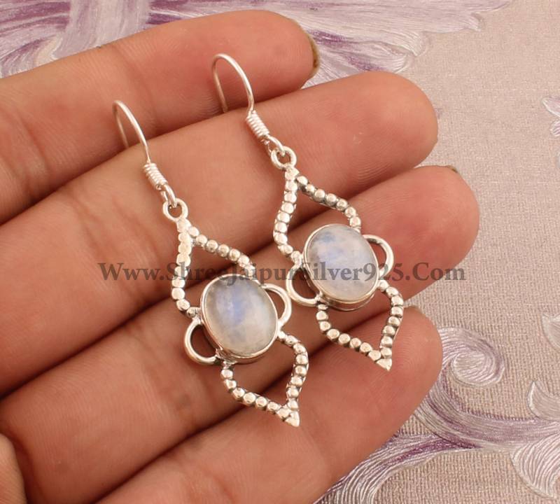 Regenbogen Mondstein 925 Sterling Silber Ohrringe Handgemachter Cabochon Edelstein von ShreeJaipurSilver925