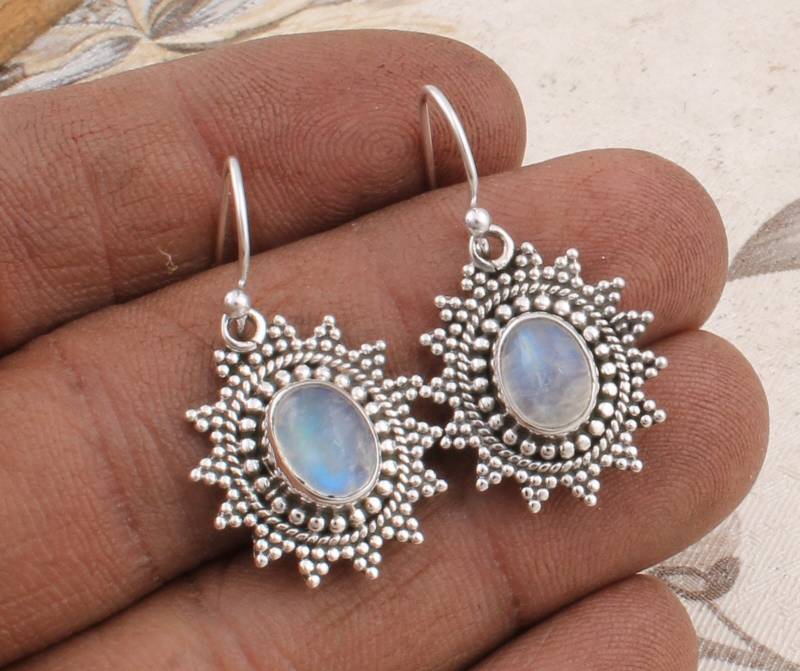 Regenbogen Mondstein Ohrringe Sterling Silber Boho Cabochon, Handgemacht von ShreeJaipurSilver925