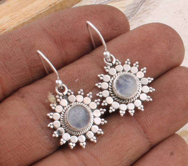 Regenbogen Mondstein Ohrringe Sterling Silber Boho Cabochon, Handgemacht von ShreeJaipurSilver925