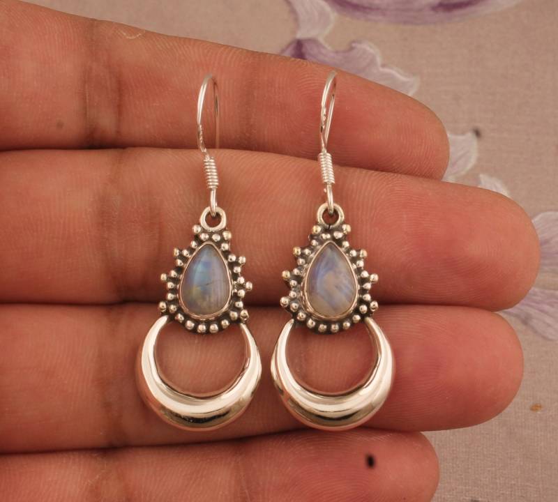 Regenbogen Mondstein Silber Ohrringe Handgemachte Tropfenförmige Schmuck von ShreeJaipurSilver925