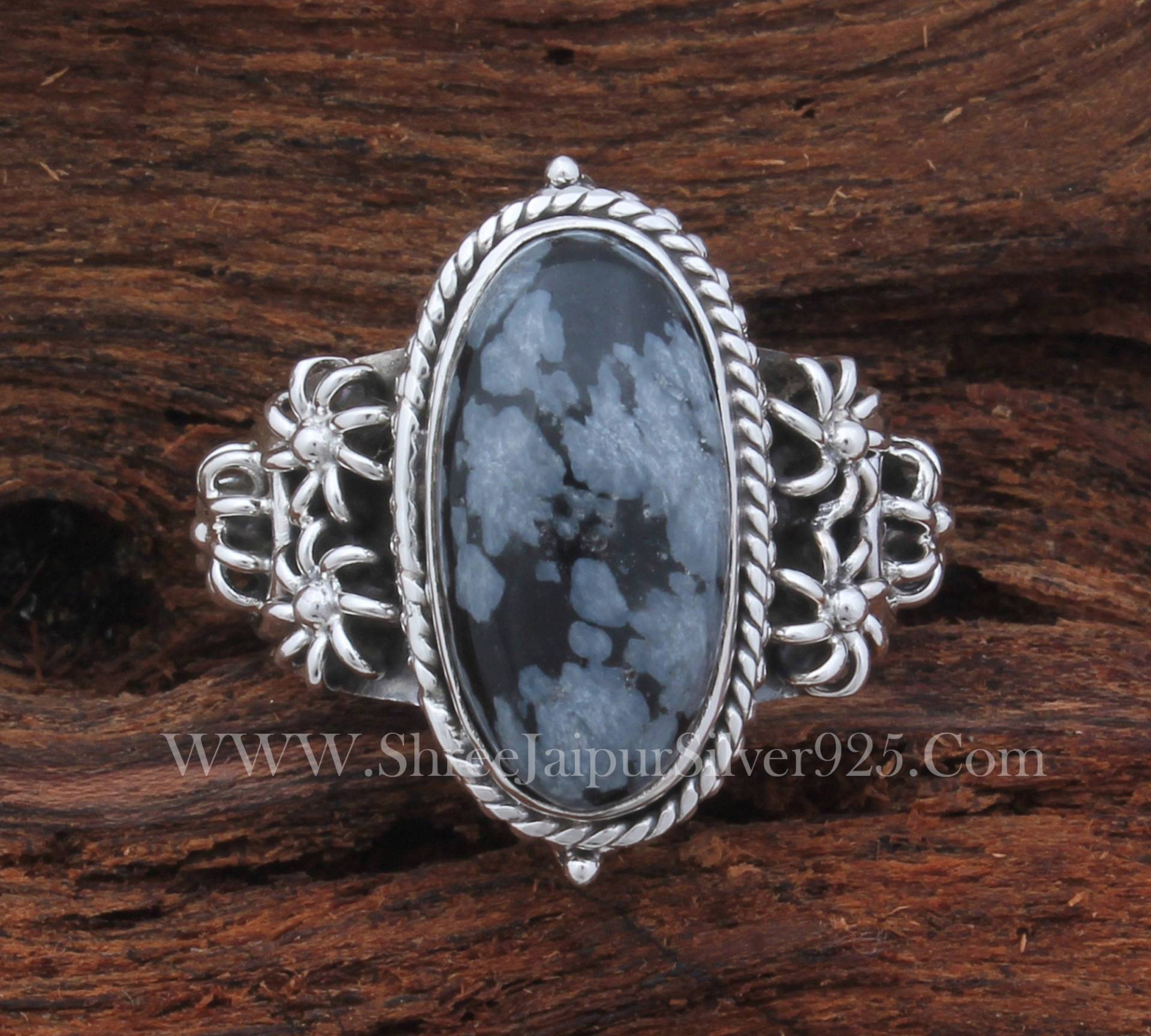 Ring Oval Schneeflocken Obsidian Versprechen 925 Sterling Silber Edelstein Stapelring Blume Handgemachte Frauen Schmuck von ShreeJaipurSilver925