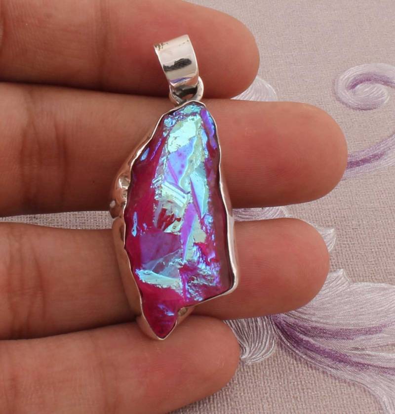 Rosa Druzy Quarz 925 Sterling Silber Anhänger Roher Edelstein Schmuck von ShreeJaipurSilver925