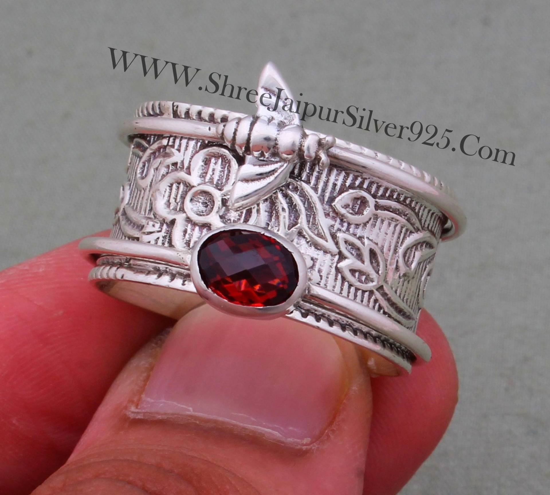 Roter Granat-Edelstein-Silberring, Massiver 925Er-sterlingsilber-Spinnerring Für Frauen, Handgefertigter Silberner Honigbienen-Granatring von ShreeJaipurSilver925