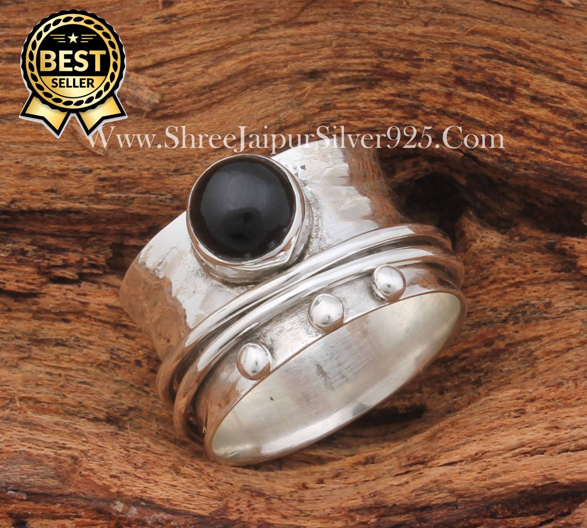 Schwarzer Onyx Silber Bandring Massiv 925 Sterling Spinner Ring Für Frauen, Handgemachter Runder Stein Ring, Meditation Boho Schmuck von ShreeJaipurSilver925