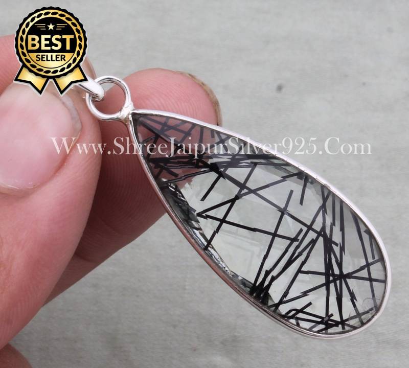 Schwarzer Rutil Edelstein Anhänger 925 Sterling Silber Boho Schmuck von ShreeJaipurSilver925