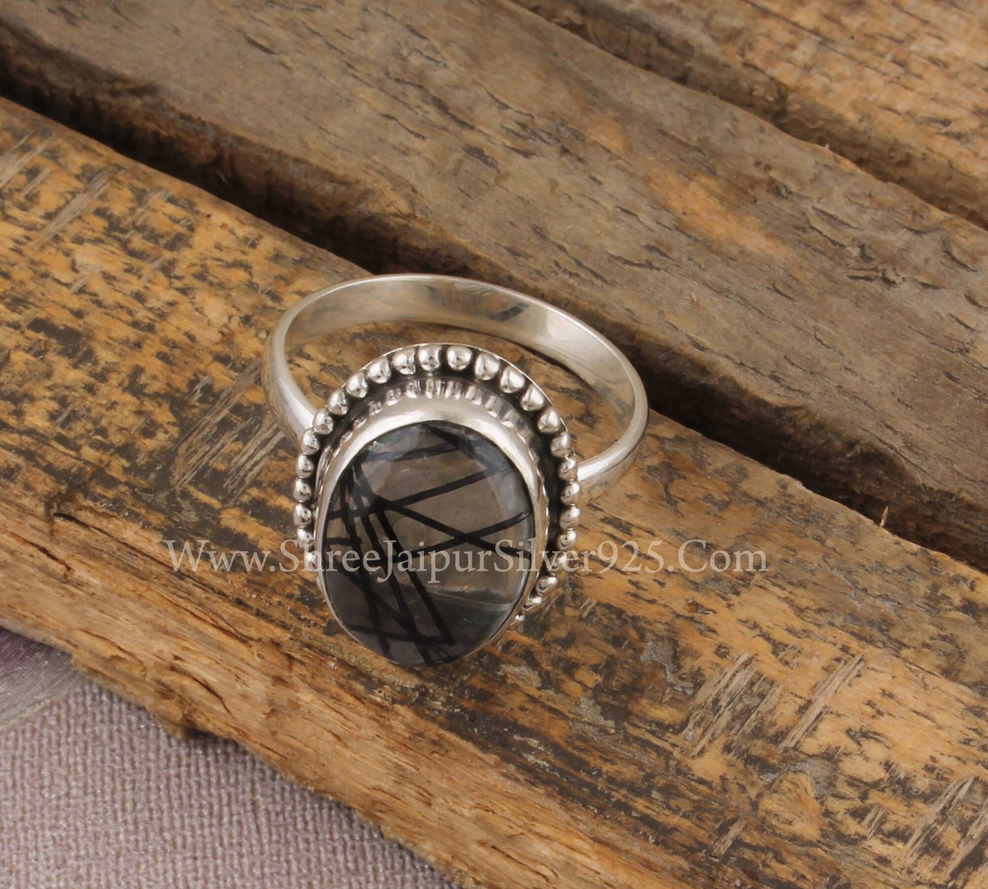 Schwarzer Rutilquarz Massiv 925 Sterling Silber Ring Für Frauen, Designer Handgemachter Frauen Ring, Boho Geschenk von ShreeJaipurSilver925