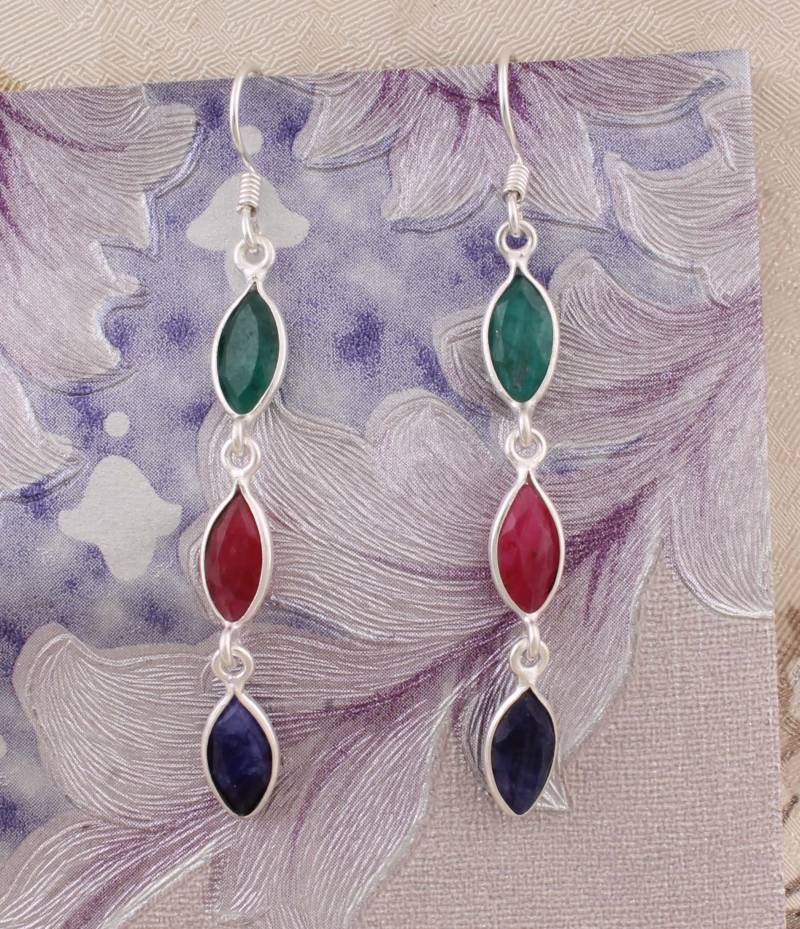 Smaragd Rubin Saphir Edelstein Ohrringe Sterling Silber Boho Baumeln von ShreeJaipurSilver925