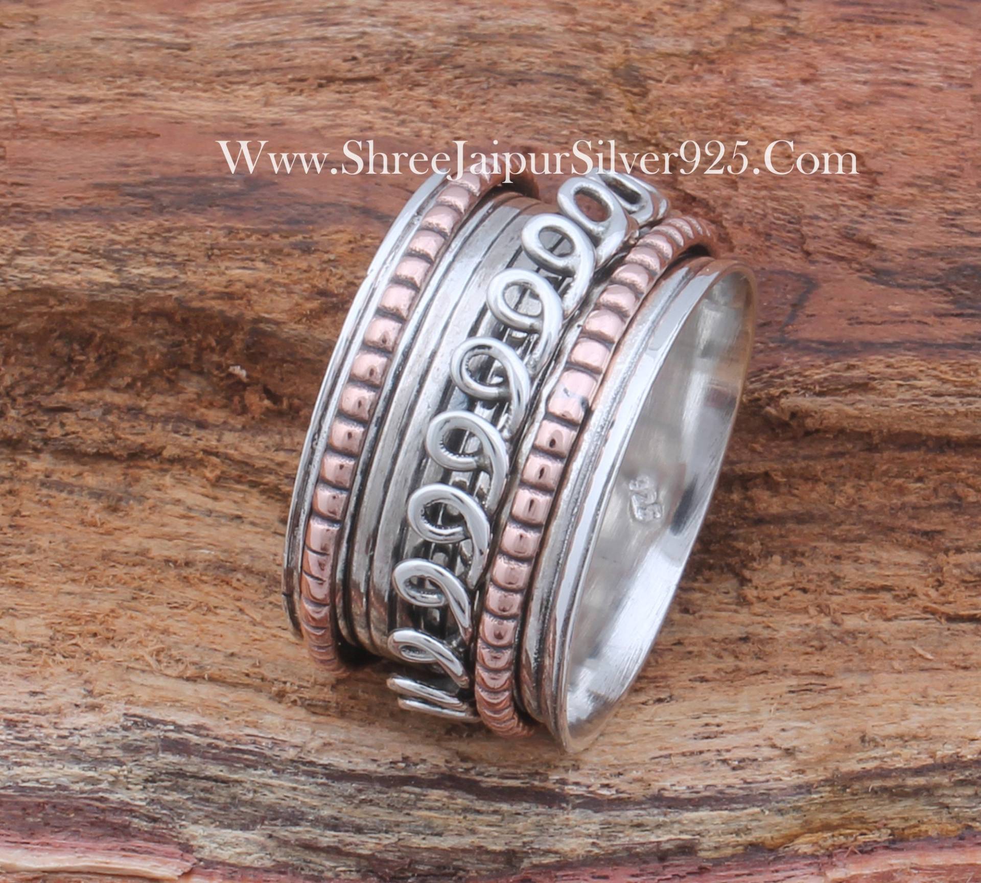 Spiralband Zwei Ton Solid 925 Sterling Silber Spinner Ring Für Frauen, Handgemachte Strukturierte Boho Band Angst Fidget Geschenke Sie von ShreeJaipurSilver925