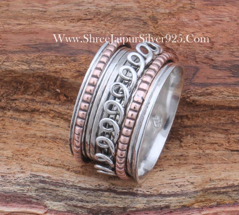 Spiral Band Zwei Ton Solide 925 Sterling Silber Spinner Ring Für Frauen, Handgemachte Strukturierte Boho Fidget Geschenke Sie von ShreeJaipurSilver925