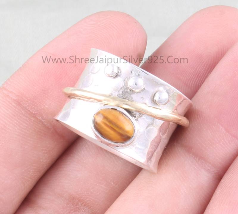 Tigerauge Oval Massiv 925 Sterling Silber Spinner Ring Für Frauen, Handgemachte Gehämmerte Band Zweifarbige Fidget Jahrestag Geschenke von ShreeJaipurSilver925