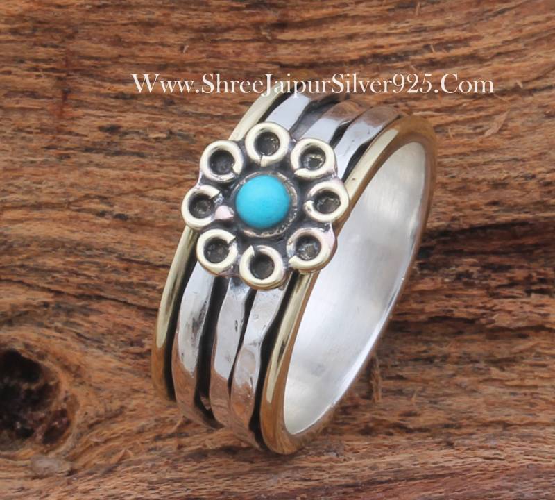 Türkis Blumen Sterling Silber Spinner Ring Zweifarbiger Sorgen Ring von ShreeJaipurSilver925