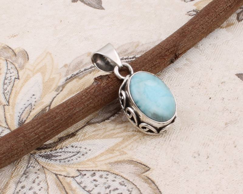 sterling Silber Larimar Anhänger Handgemachter Ovaler Edelstein von ShreeJaipurSilver925