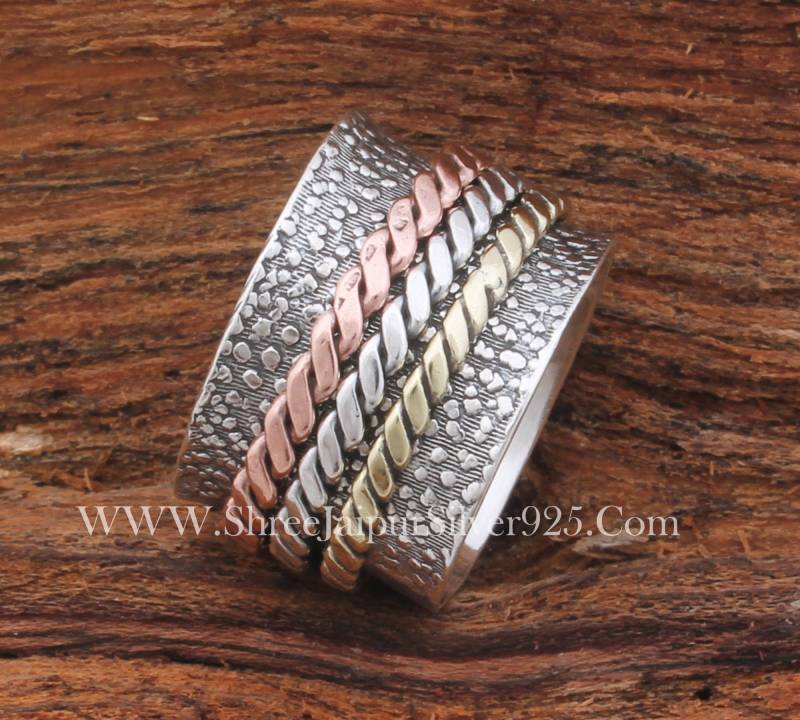 sterling Silber Spinner Ring Drei Ton Messing & Kupfer, Handgemachter Schmuck von ShreeJaipurSilver925