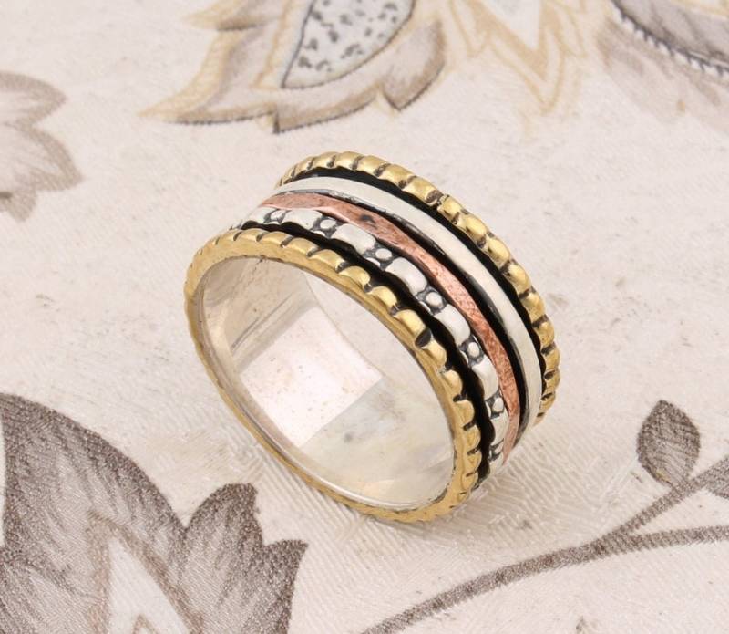 sterling Silber Spinner Ring Handgefertigtes Dreifarbiges Meditationsband von ShreeJaipurSilver925