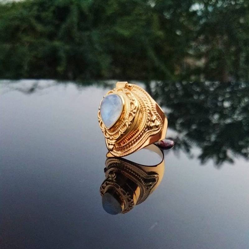 Mondstein Fach Ring, 24Kt Vergoldet Handgefertigter Geheime Nachricht Box Natürlicher Regenbogen Edelstein Pille Ring von ShreeSilverJewellers