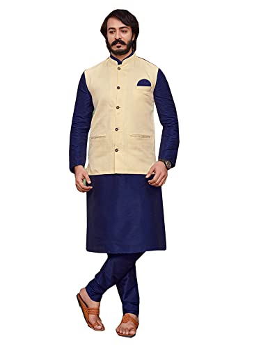 Indische Cocktail-Party Herren tragen gerade Seide Kurta Pyjama Set Baumwolle Cotti Jacke befestigt 1345, Blau Beige, XXX-Large von Shri Balaji Silk & Cotton Saree Emporium