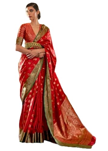 Traditionelle Party Festival Wear Indische Frauen Tessar Seide Weben Sari Bluse Muslim Sari 3647, Rot/Ausflug, einfarbig (Getaway Solids), Standard von Shri Balaji Silk & Cotton Saree Emporium