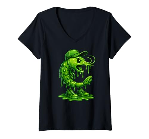 Damen Radioactive Shrimp Mutant Viral Toxic Meeresfrüchte Lustiges Meme T-Shirt mit V-Ausschnitt von Shrimp Monster Parody Sea Sci Fi Creature Humor