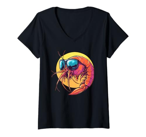 Damen Tolles Garnelenkostüm mit Sonnenbrille T-Shirt mit V-Ausschnitt Damen Tolles Garnelenkostüm mit Sonnenbrille T-Shirt mit V-Ausschnitt von Shrimp Outfit