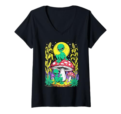 Damen Begegnung zwischen Außerirdischen und Pilzen, Kornfeld, Mondlichtszene T-Shirt mit V-Ausschnitt Damen Begegnung zwischen Außerirdischen und Pilzen, Kornfeld, Mondlichtszene T-Shirt mit V-Ausschnitt von ShroomVibe