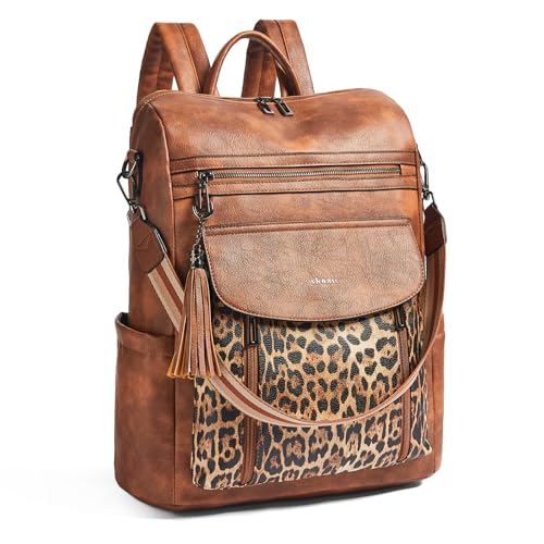 Shrrie Laptop-Rucksack für Damen, 15,6 Zoll Reise-Rucksack aus Leder, Handgepäck-Rucksack Computertasche wasserabweisend für College Business Arbeit Freizeit Tagesrucksack-Braun mit Leopardenmuster von Shrrie