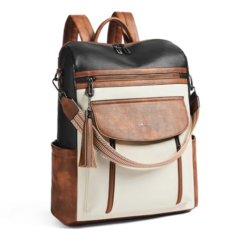 Shrrie Laptop-Rucksack für Damen, 15,6 Zoll Reise-Rucksack aus Leder, Handgepäck-Rucksack Computertasche wasserabweisend für College Business Arbeit Freizeit Tagesrucksack-Schwarz mit Braun und Weiß von Shrrie