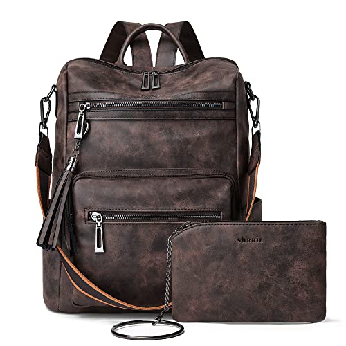 Shrrie Rucksack Damen,Cityrucksack Reiserucksack,PU Lederrucksack Handtasche Rucksack Damen Wasserdicht mit Geldbörse für Freizeit,Büro,Pendeln,Arbeit,Daypack-Nubukkaffee von Shrrie