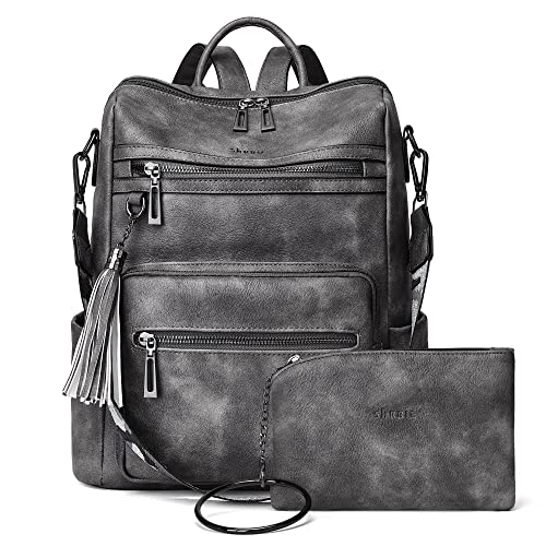 Shrrie Rucksack Damen,Cityrucksack Reiserucksack,PU Lederrucksack Handtasche Rucksack Damen Wasserdicht mit Geldbörse für Freizeit,Büro,Pendeln,Arbeit,Daypack-Zweifarbiges Dunkelgrau von Shrrie