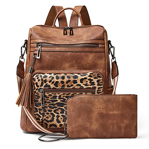 Shrrie Rucksack Damen,Cityrucksack Reiserucksack,PU Lederrucksack Handtasche Rucksack Damen Wasserdicht mit Geldbörse für Freizeit,Büro,Pendeln,Arbeit,Daypack-Braun mit Leopardenmuster von Shrrie