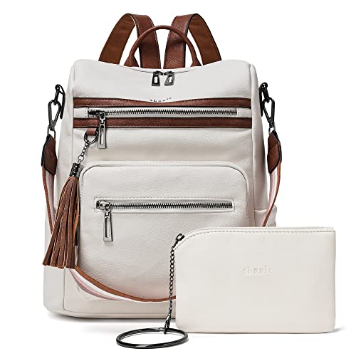 Shrrie Rucksack Damen,Cityrucksack Reiserucksack,PU Lederrucksack Handtasche Rucksack Damen Wasserdicht mit Geldbörse für Freizeit,Büro,Pendeln,Arbeit,Daypack-Beige mit Braun von Shrrie