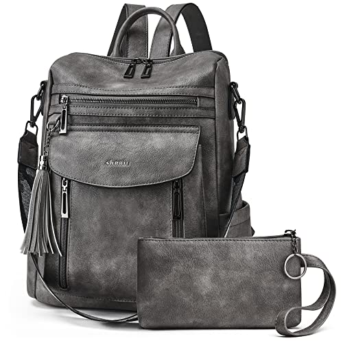 Shrrie Rucksack für Damen, modischer Leder-Rucksack, Geldbörse, Designer-Reiserucksack, Schultertasche, 1-4, zweifarbig, dunkelgrau, Reiserucksäcke von Shrrie