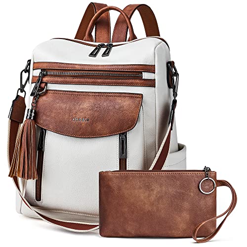 Shrrie Rucksack für Damen, modischer Leder-Rucksack, Geldbörse, Designer-Reiserucksack, Schultertasche, 1-7 Beige mit Braun, Reiserucksäcke von Shrrie