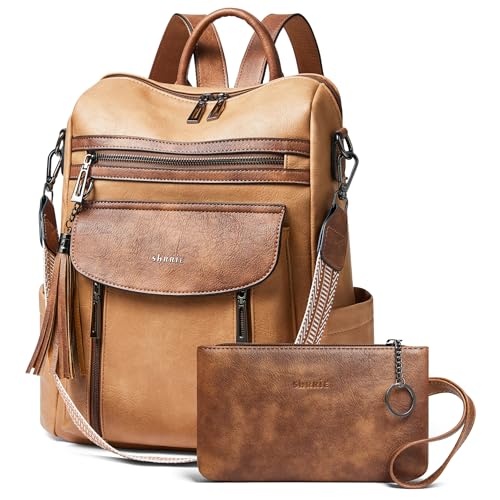Shrrie Rucksack für Damen, modischer Leder-Rucksack, Geldbörse, Designer-Reiserucksack, Schultertasche, 2-6 Kamel mit Braun, Modern von Shrrie