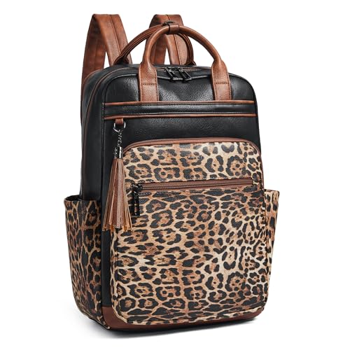 Shrrie Rucksäcke Damen, 15,6 Zoll Laptop Rucksäcke Leder Wasserdicht mit laptopfach, Computer-Rucksäcke für Arbeit Business Uni Reise Büro Schwarz mit Leopardenmuster von Shrrie