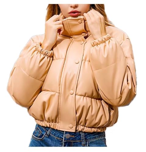Damen-Kurz Winter-Warme PU-Leder Verdickte-Schicke Jacke - Lässige Weich Baumwolle Lederjacke Stehkragen Reißverschluss Steppjacke Outdoor Oberteile Fashion Wasserdicht Outerwear Damenjacke Beige L von Shuanghao