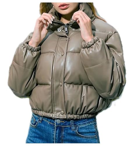 Damen-Kurz Winter-Warme PU-Leder Verdickte-Schicke Jacke - Lässige Weich Baumwolle Lederjacke Stehkragen Reißverschluss Steppjacke Outdoor Oberteile Fashion Wasserdicht Outerwear Damenjacke Braun L von Shuanghao