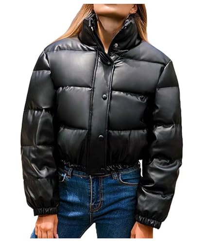 Damen-Kurz Winter-Warme PU-Leder Verdickte-Schicke Jacke - Lässige Weich Baumwolle Lederjacke Stehkragen Reißverschluss Steppjacke Outdoor Oberteile Fashion Wasserdicht Outerwear Damenjacke Schwarz L von Shuanghao