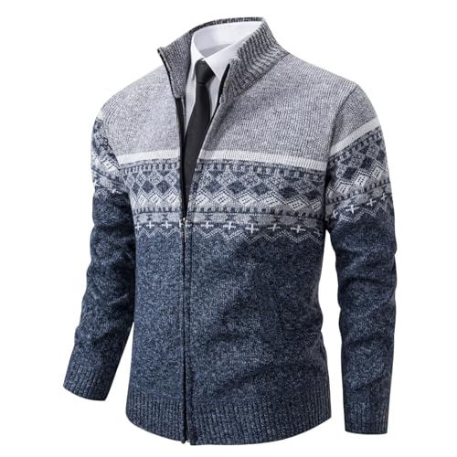 Herren Herbst-Winter Strick-Pulli Sweatshirt-Jacke Cardigan - Freizeit-Mode Klassische Fleece-Futter Warme Bequeme Outdoor Männer Hoher Kragen-Strickmuster-Jacke Pulliover Mantel Hellgrau XL von Shuanghao