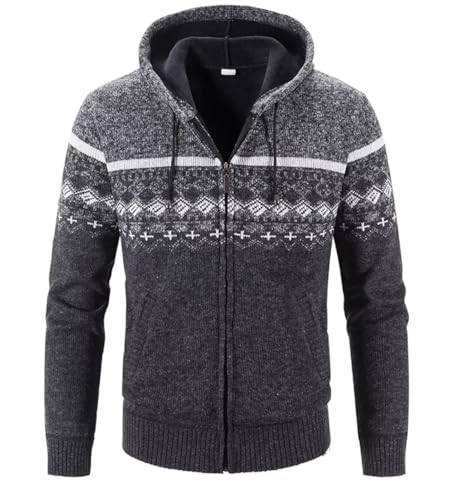 Herren Hoodie Mit-Kapuzen Strick-Sweatshirt Jacke-Cardigan - Pulliover Freizeit-Mode Herbst-Winter Fleece-Futter Warme Bequeme Outdoor Männer Kapuzen-Pulli-Strickmuster-Jacke Hoodie Dunkelgrau XL von Shuanghao