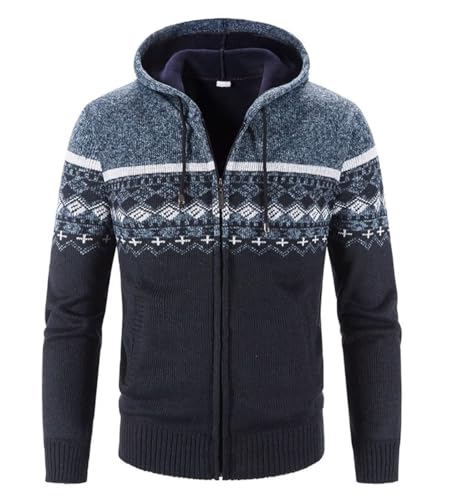 Herren Hoodie Mit-Kapuzen Strick-Sweatshirt Jacke-Cardigan - Pulliover Freizeit-Mode Herbst-Winter Fleece-Futter Warme Bequeme Outdoor Männer Kapuzen-Pulli-Strickmuster-Jacke für Hoodie Blau L von Shuanghao