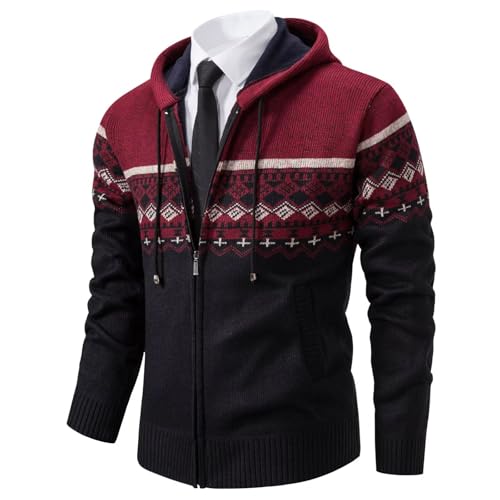 Herren Hoodie Mit-Kapuzen Strick-Sweatshirt Jacke-Cardigan - Pulliover Freizeit-Mode Herbst-Winter Fleece-Futter Warme Bequeme Outdoor Männer Kapuzen-Pulli-Strickmuster-Jacke für Hoodie Rot L von Shuanghao