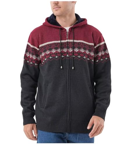 Herren Hoodie Mit-Kapuzen Strick-Sweatshirt Jacke-Cardigan - Pulliover Freizeit-Mode Herbst-Winter Fleece-Futter Warme Bequeme Outdoor Männer Kapuzen-Pulli-Strickmuster-Jacke für Hoodie Rot M von Shuanghao