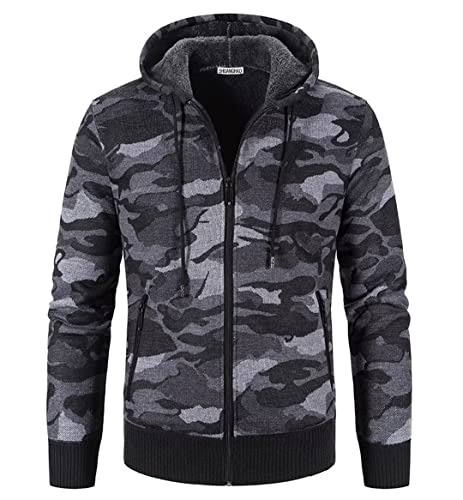 Herren Mit-Kapuzen Hoodie-Strick Sweatshirt-Jacke Cardigan - Pulliover Freizeit-Mode Herbst-Winter Fleece-Futter Warme Bequeme Männer Kapuzen Camouflage Pulli Strick-Jacke Hoodie Dunkelgrau XXL von Shuanghao