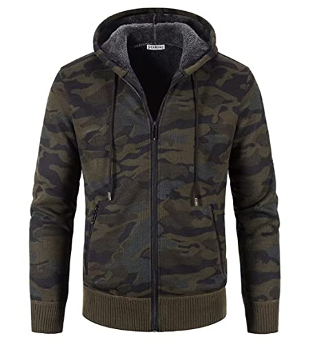 Herren Mit-Kapuzen Hoodie-Strick Sweatshirt-Jacke Cardigan - Pulliover Freizeit-Mode Herbst-Winter Fleece-Futter Warme Bequeme Männer Kapuzen Camouflage Pulli Strick-Jacke Hoodie Militärgrün L von Shuanghao