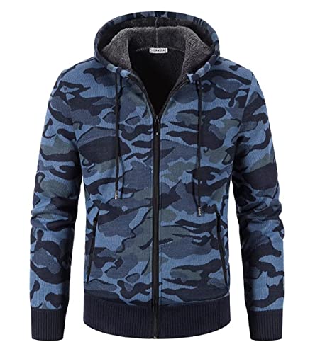 Herren Mit-Kapuzen Hoodie-Strick Sweatshirt-Jacke Cardigan - Pulliover Freizeit-Mode Herbst-Winter Fleece-Futter Warme Bequeme Outdoor Männer Kapuzen Camouflage Pulli Strick-Jacke Hoodie Blau S von Shuanghao