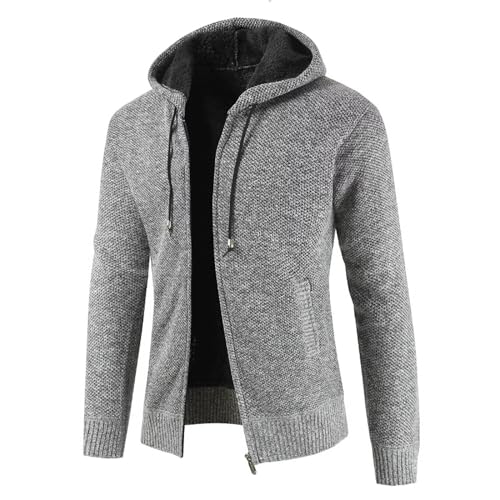 Herren Strickjacke mit Kapuze Pullover，Sweatjacke Männer Warm Cardigan für Herbst und Winter , Klassisch Pulli-Strick-Jacke Fleece Gefüttert, Mode Freizeit Outdoor Hoodie Zipper Herren Hellgrau L von Shuanghao